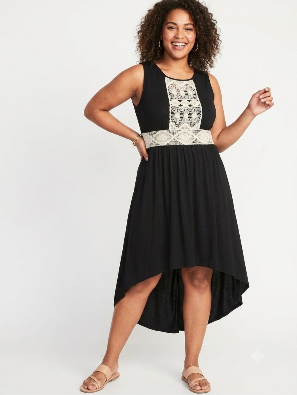 Ruby Rd. Black Dress with White Crochet Insets - High-Low Hem